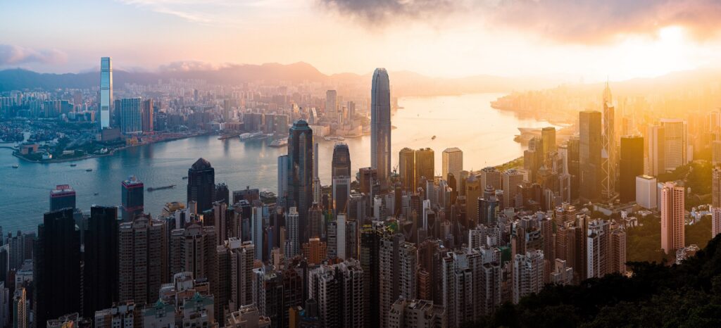 Victoria Harbour, Hong Kong at sunrise.
